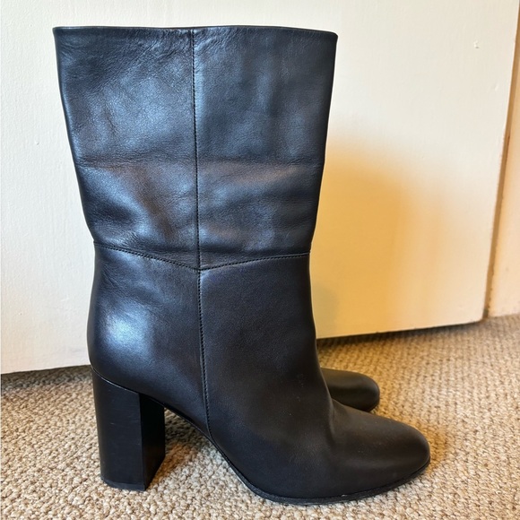 MAJE Foxy Black Genuine Leather Mid Calf Wide Slip On Round Toe Block Heel Boots - Picture 3 of 12